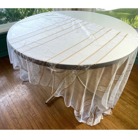 Vintage 70s curtain, white yellow vertical stripes, net sheer panel - Picture 1 of 10